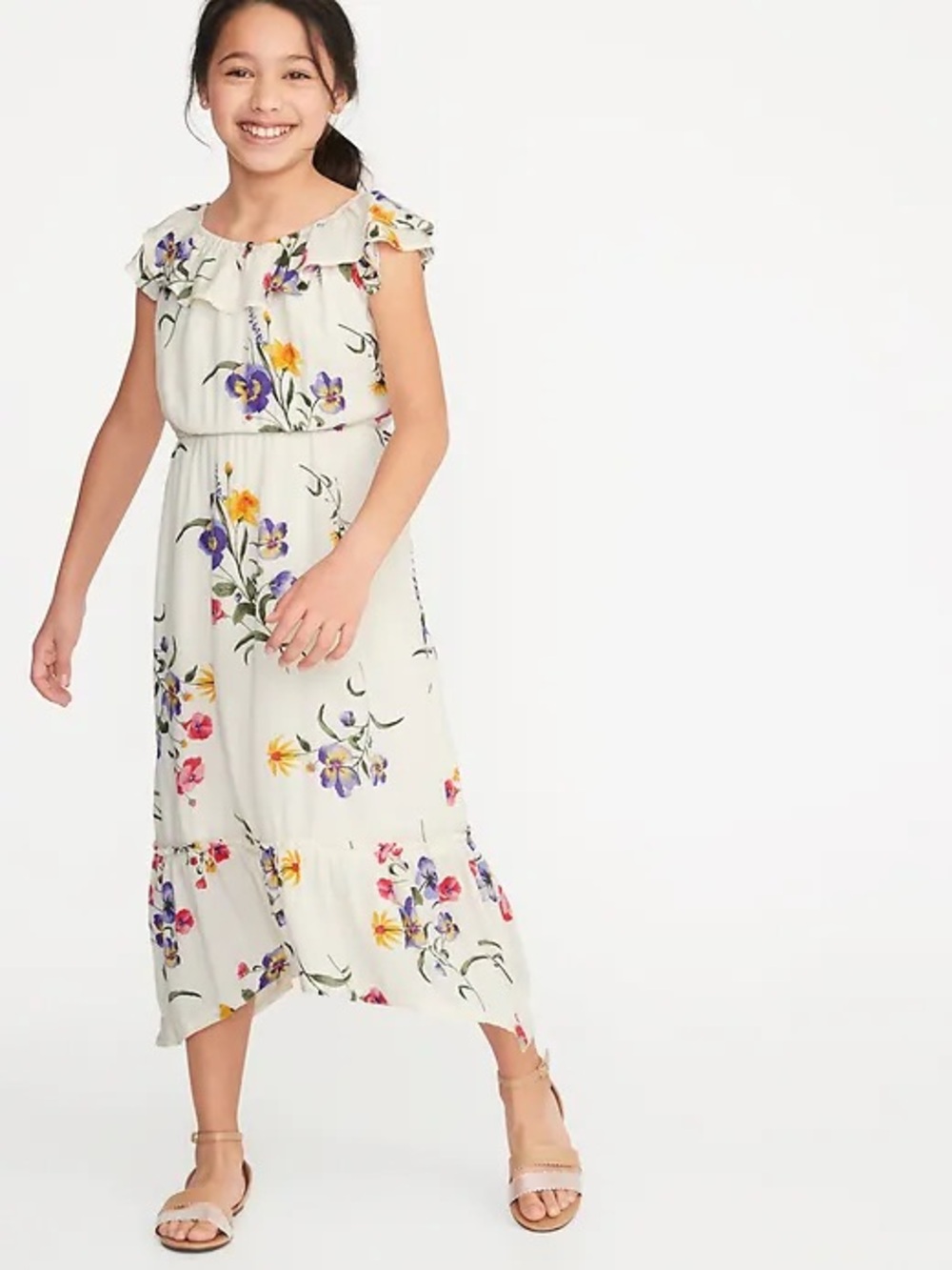 Girls' Cream Floral Ruffle Midi Dress